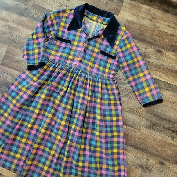 Vintage Handmade Womens Colorful Plaid Velvet Longsleeve Babydoll Dress Size M - Picture 2 of 8